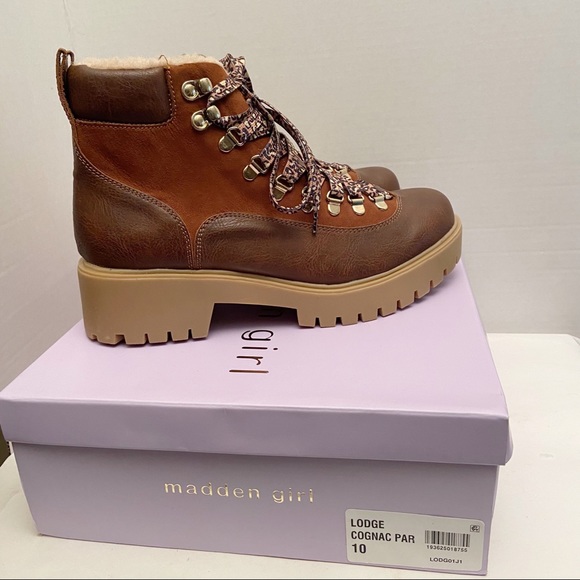New in box Madden Girl lodge cognac chunky boots sz 10 with animal print laces - Picture 10 of 13